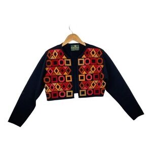 Vintage 80's Cropped Long Sleeve Dimond/Circle Square Leather Print Open Sweater